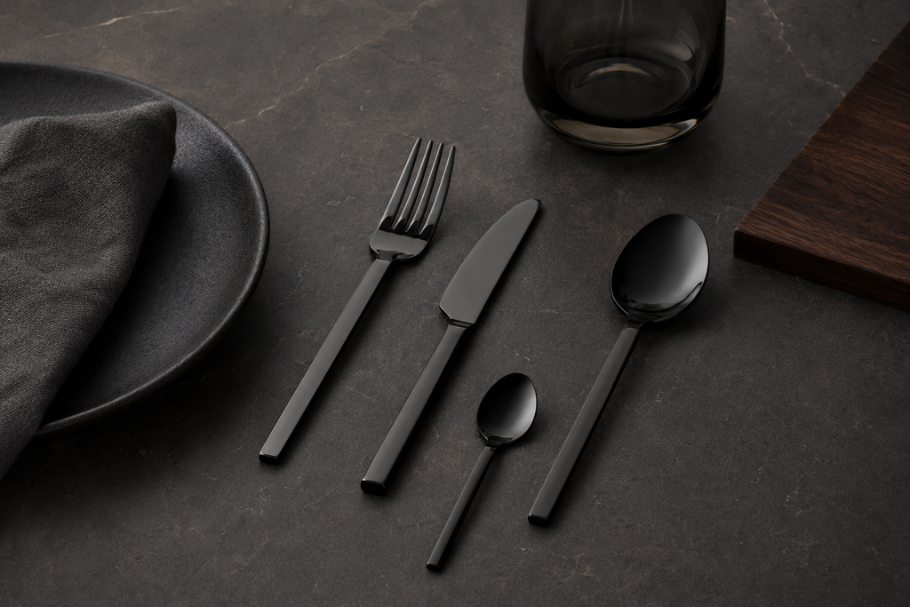 Tacâmuri EMUND negru lucios utilizare HoReCa restaurant masă aranjată