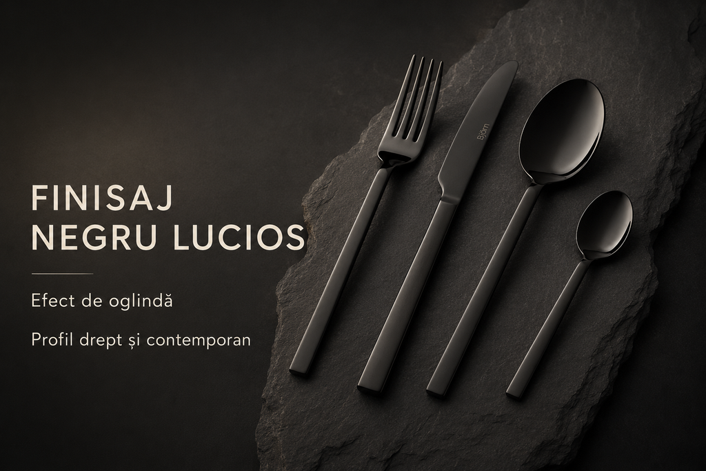 Tacâmuri EMUND beneficii finisaj negru lucios oțel inoxidabil 18/0