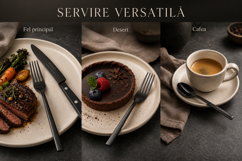 Tacâmuri MIAMIO negru lucios utilizare servire restaurant hotel HoReCa