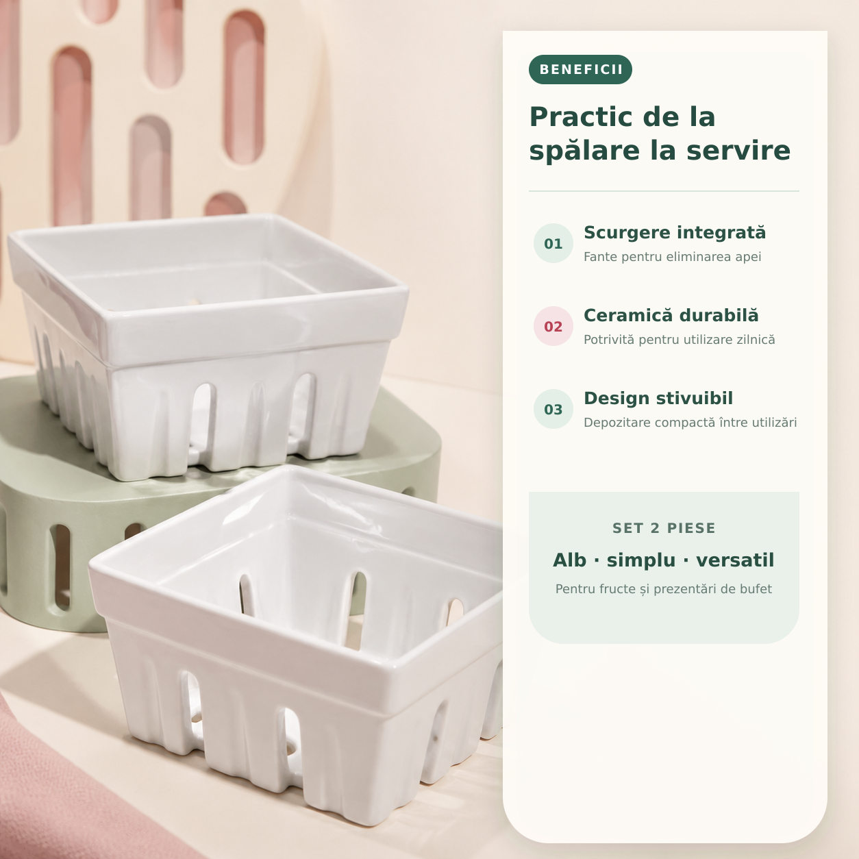 Coș fructe ceramică albă beneficii durabilitate HoReCa
