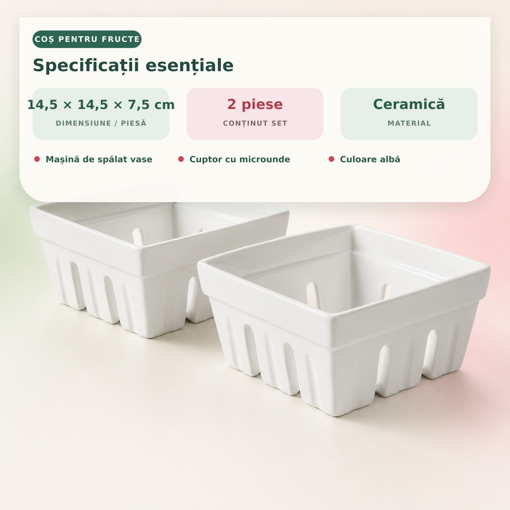 Coș fructe ceramică albă specificații tehnice set 2 piese