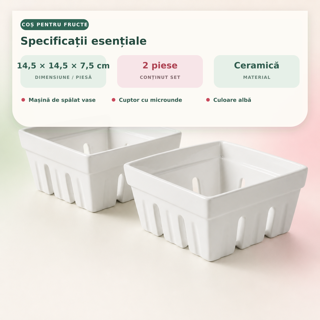 Coș fructe ceramică albă specificații tehnice set 2 piese