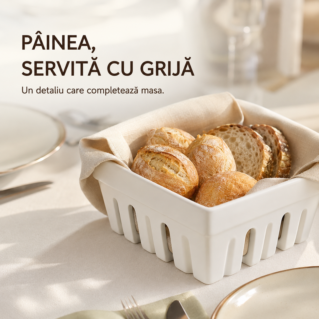 Coș pâine ceramică albă utilizare servire masă HoReCa restaurant
