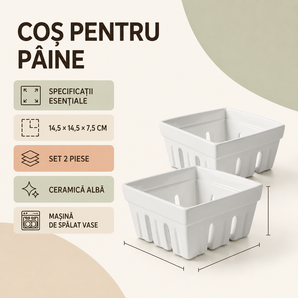 Coș pâine ceramică albă specificații tehnice set 2 piese