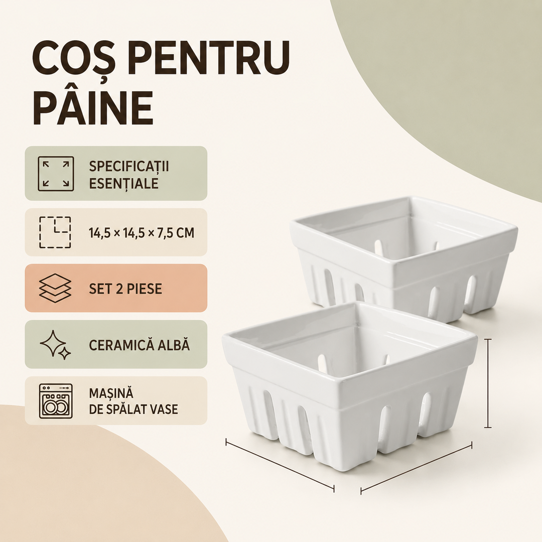 Coș pâine ceramică albă specificații tehnice set 2 piese