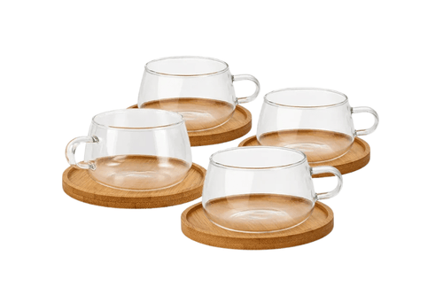 Ceașcă pentru cappuccino Olea, sticlă borosilicată transparentă, 280 ml, set 4 piese cu suporturi din bambus