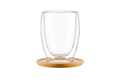 Pahar pentru latte macchiato, sticlă borosilicată cu perete dublu, 350 ml, set 6 piese cu suporturi din bambus