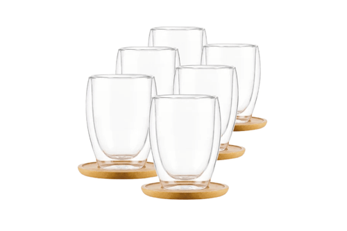 Pahar pentru latte macchiato, sticlă borosilicată cu perete dublu, 350 ml, set 6 piese cu suporturi din bambus